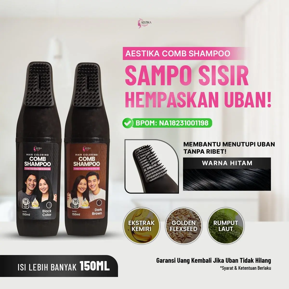 Aestika Hair Coloring Shampoo — varian kemasan botol dengan sisir aplikator