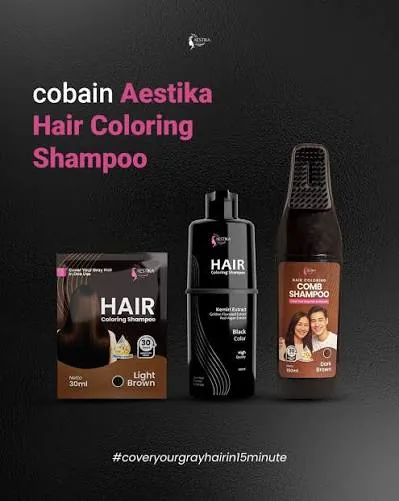 Rangkaian Aestika Hair Coloring Shampoo - kemasan sachet, botol, dan comb shampoo
