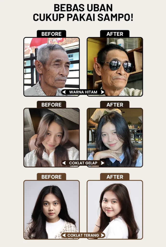 Before after Aestika - bebas uban cukup pakai sampo, hasil warna hitam, cokelat gelap, cokelat terang